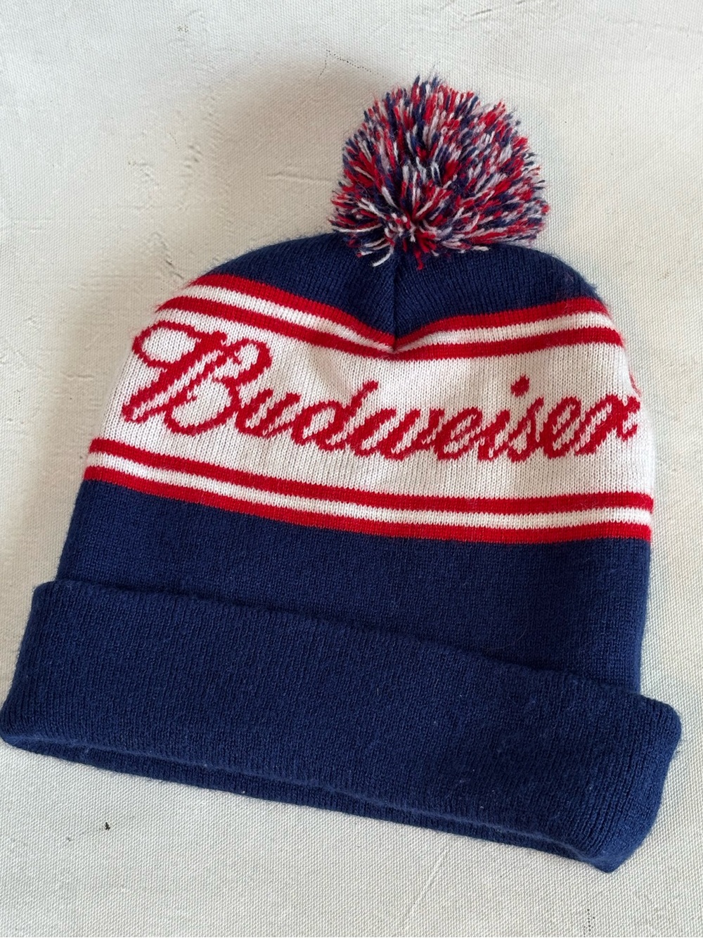 Budweiser Adult Navy Red Pom Pom  Beanie, Ski hat, toboggan